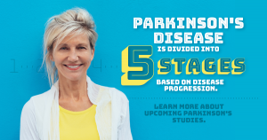 5 stages of Parkinson's, middle-aged woman smiling, PD research