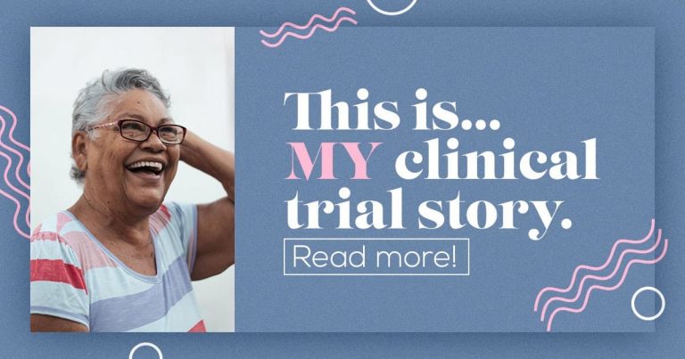 This is my clinical trial story, older woman, smiling, hand on back of head. volunteering over 60