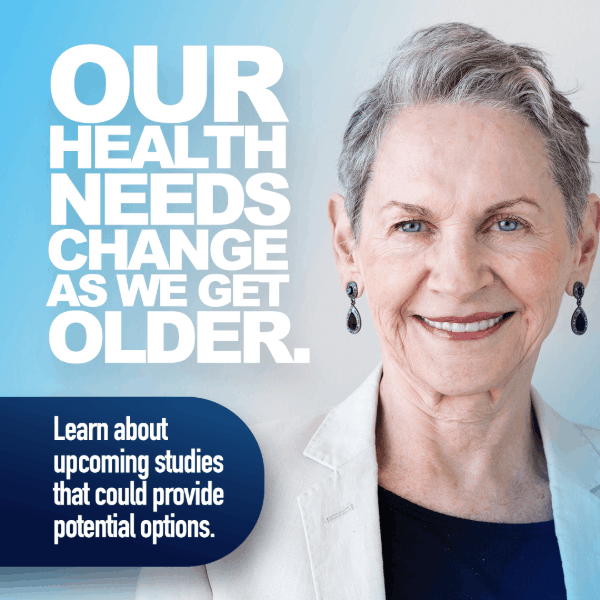 Our health needs change as we get older. Older woman smiling, clinical research for seniors. 
